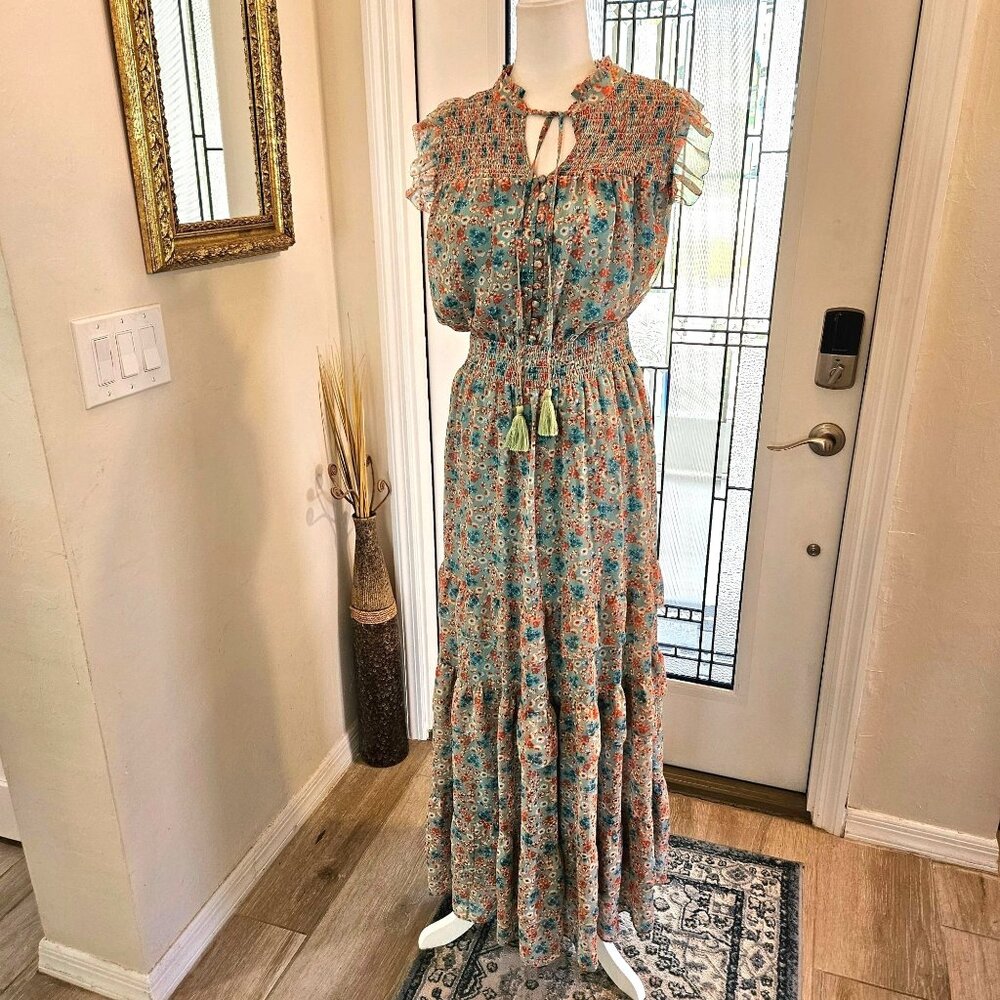 Allison NY Anthropologie Floral Smocked Hazel Cottagecore Maxi Green Dress Small